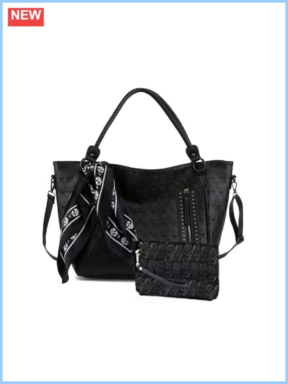 Studded Skull Tote Bag Satchel PU Leather Handbag Wallet Clutch Set